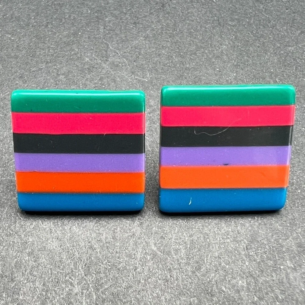 Square Acrylic Pierced Earrings Multicolor Striped Purple Orange Red Black